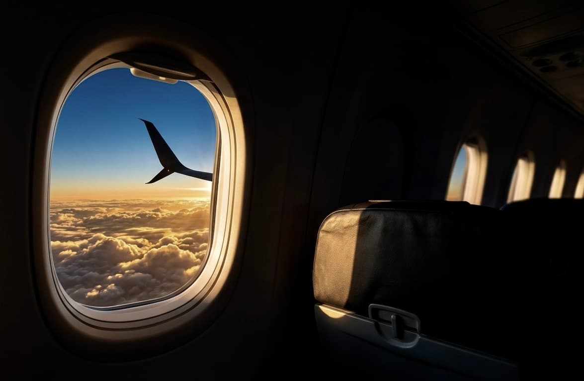 View from an airplane window above the clouds